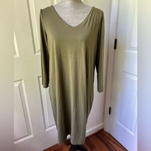Eileen Fisher Olive Green Jersey V-Neck Shirt Dress Size L